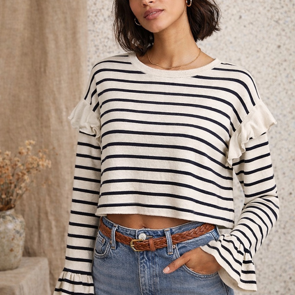Mustard Seed Anthropologie Navy and White Striped Long Sleeve Top